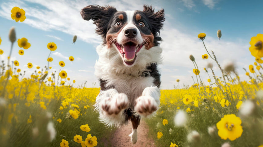 Cane che salta sul prato.