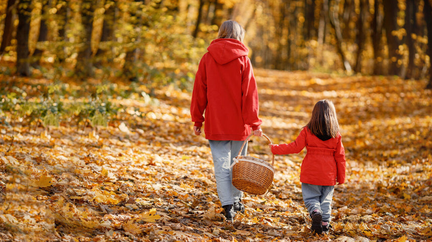 Donna con bambina che passeggiano in un castagneto