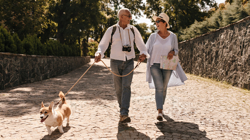 coppia passeggia con il cane