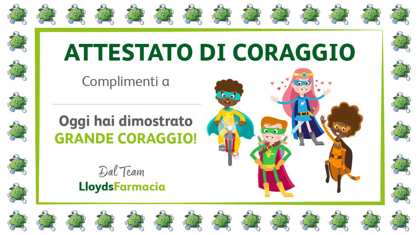 attestato di coraggio per i bambini che si sottopongono a tampone